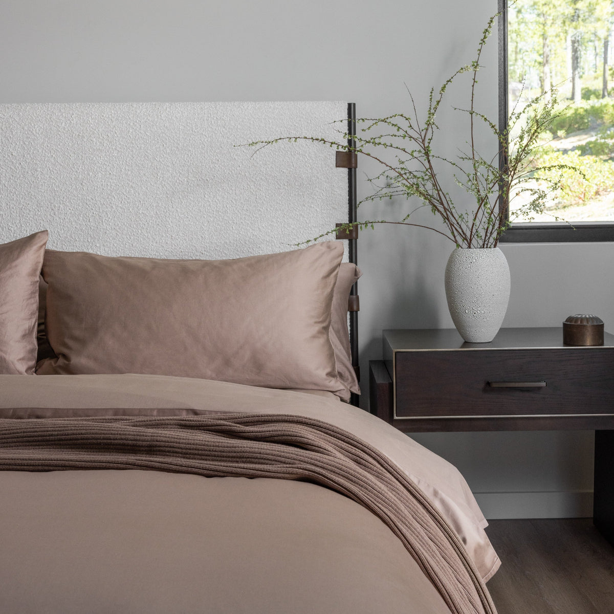 Sierra Dreams layered sateen bedding in Desert Taupe